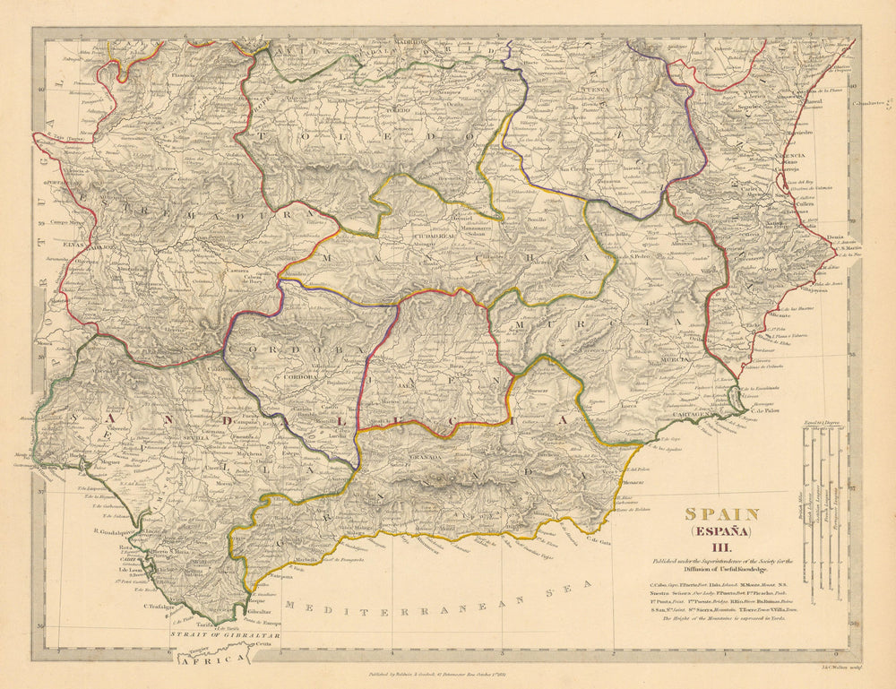 SPAIN SOUTH.Sevilla Granada Cordoba Jaen Murcia Valencia Toledo.SDUK 1844 map