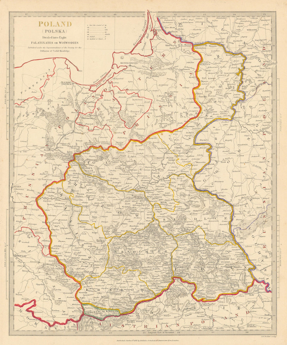 POLAND POLSKA.Palatinates Woiwodies.Mazow Krakow Plock Kalisz &c.SDUK 1844 map