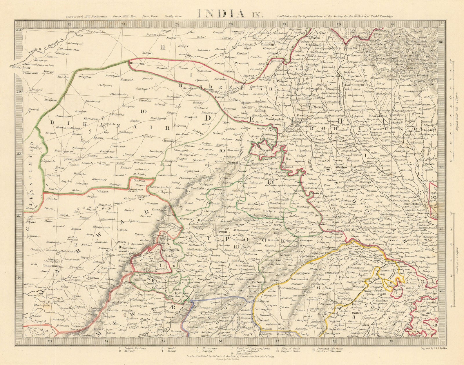 RAJASTHAN. India. Delhi Jaipur Marwar Bikaner Mewar Bundelkhand. SDUK 1844  map – Antiquemapsandprints.com