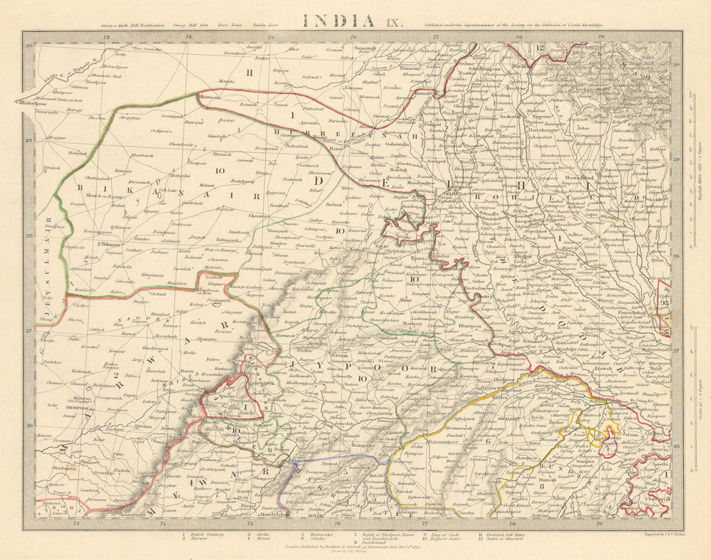 RAJASTHAN. India. Delhi Jaipur Marwar Bikaner Mewar Bundelkhand. SDUK 1844 map