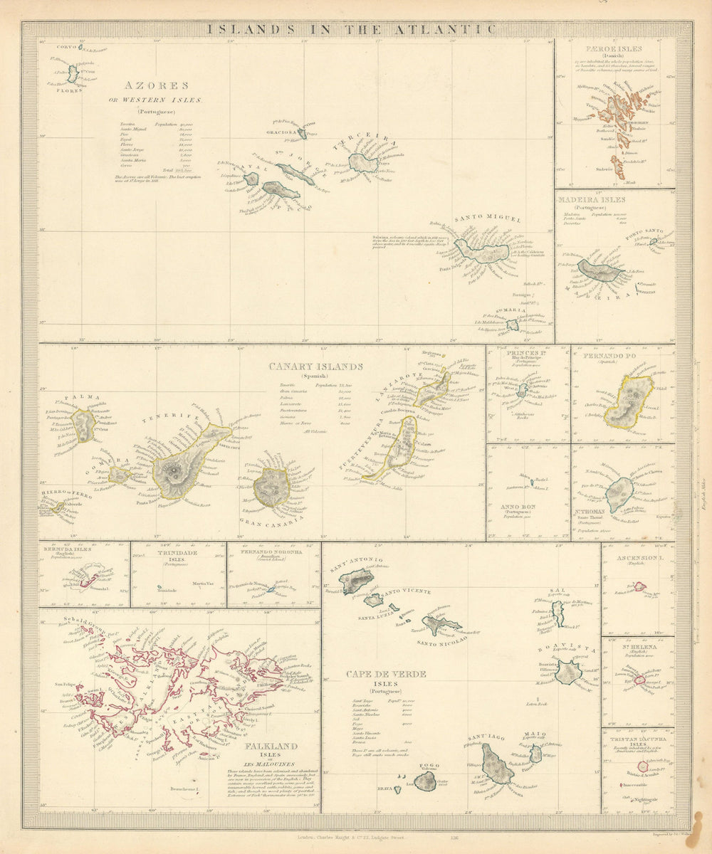 ATLANTIC ISLANDS. Azores Faeroes Madeira Canary Bermuda Falklands. SDUK 1846 map