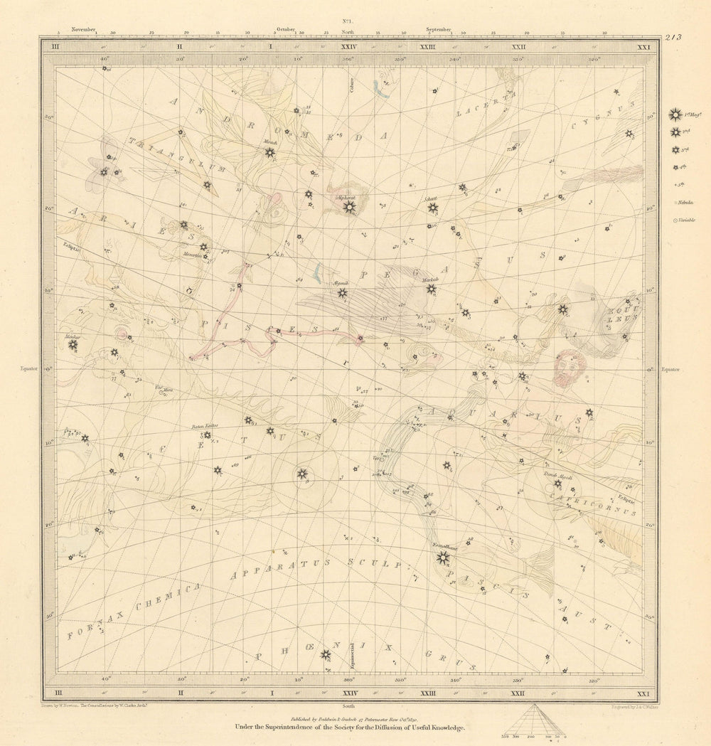 ASTRONOMY CELESTIAL Star map chart signs 1 Vernal Spring Equinox. SDUK 1847