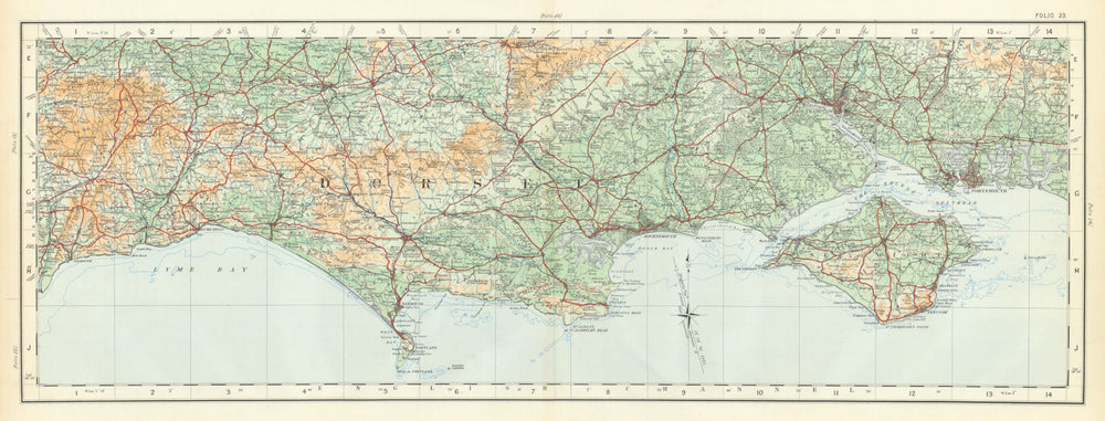 Southern England. Jurassic Coast Dorset Hampshire Devon ORDNANCE SURVEY 1922 map