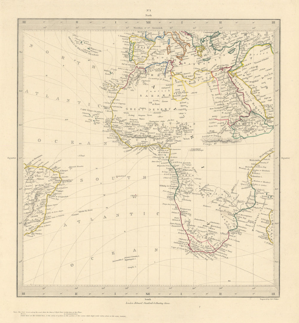AFRICA South Europe Brazil Gnomonic Projection. Mountains of Kong. SDUK 1856 map