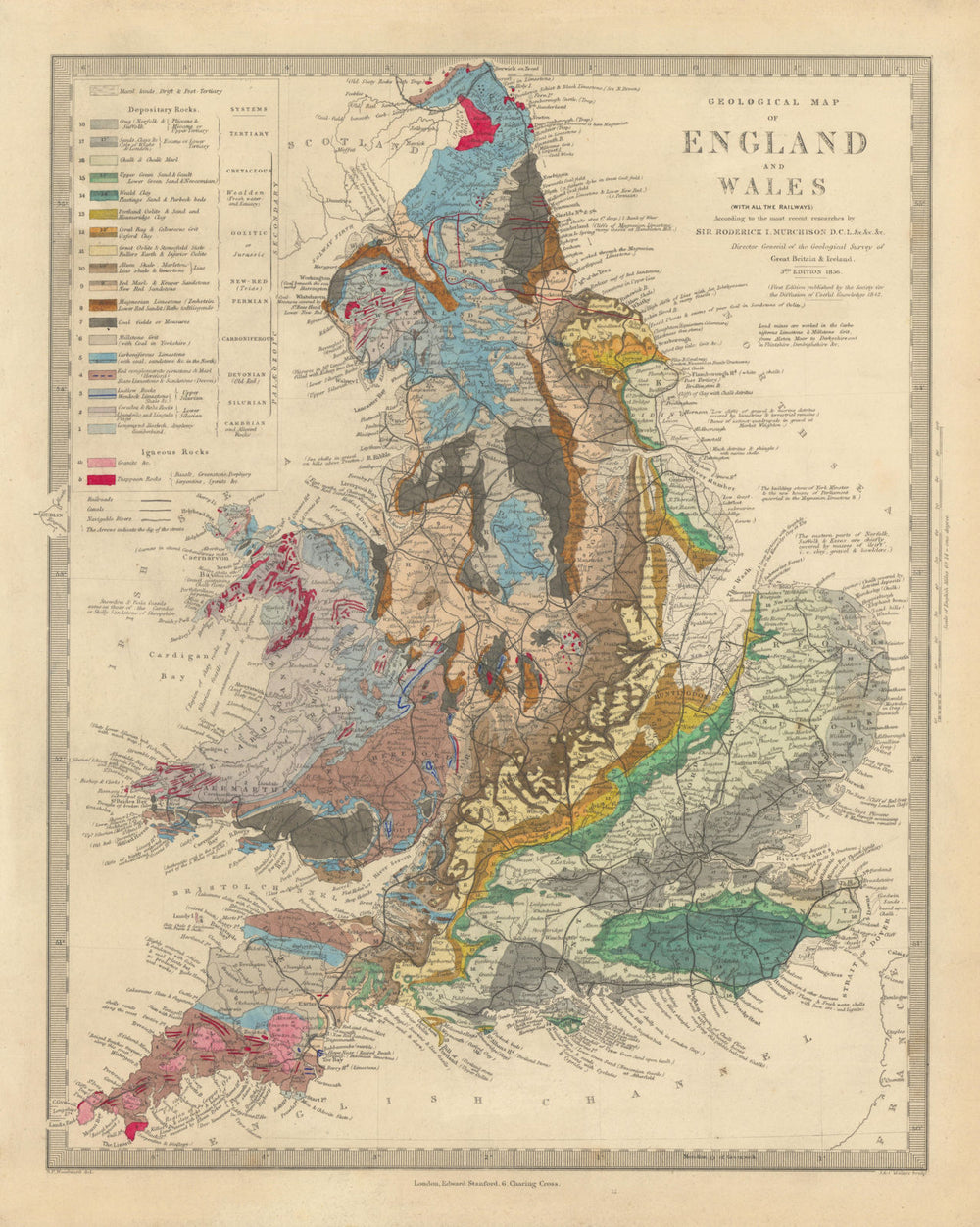 ENGLAND & WALES. Geological Map.Original hand colour.Depositary rocks.SDUK 1856