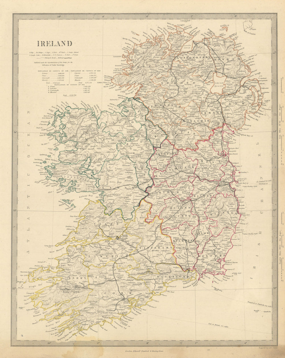 IRELAND. Showing roads, railways, canals and provinces. SDUK 1856 old map