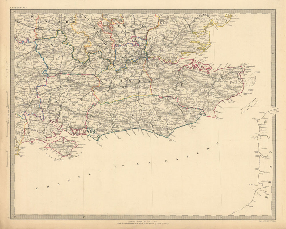 SOUTH EAST ENGLAND. London & Home counties. Railways. South coast. SDUK 1853 map