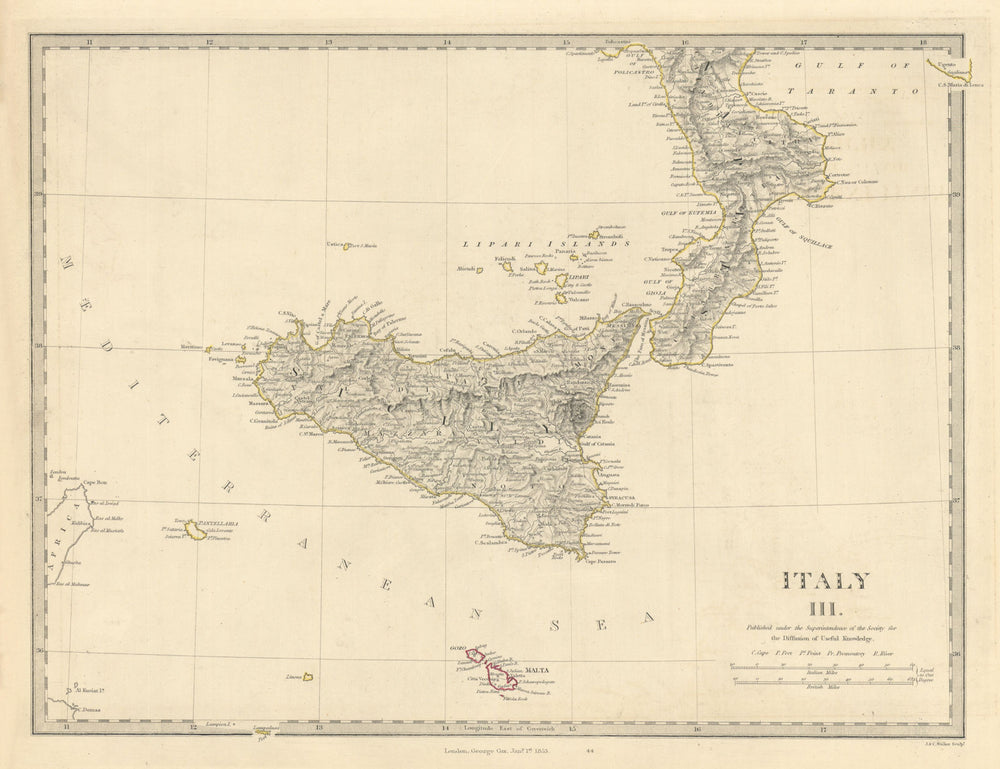 SICILY & CALABRIA. Sicily Malta Gozo. Original outline colour. SDUK 1853 map
