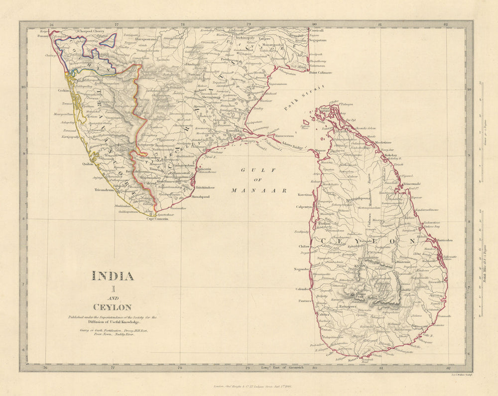 INDIA I. SOUTH & CEYLON. Sri Lanka Carnatic Travancore Kochi. SDUK 1851 map