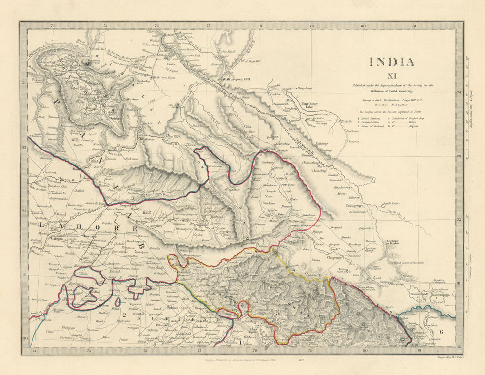 INDIA XI. PAKISTAN. Punjab Garhwal Lahore Sirhind Kashmir China. SDUK 1851 map