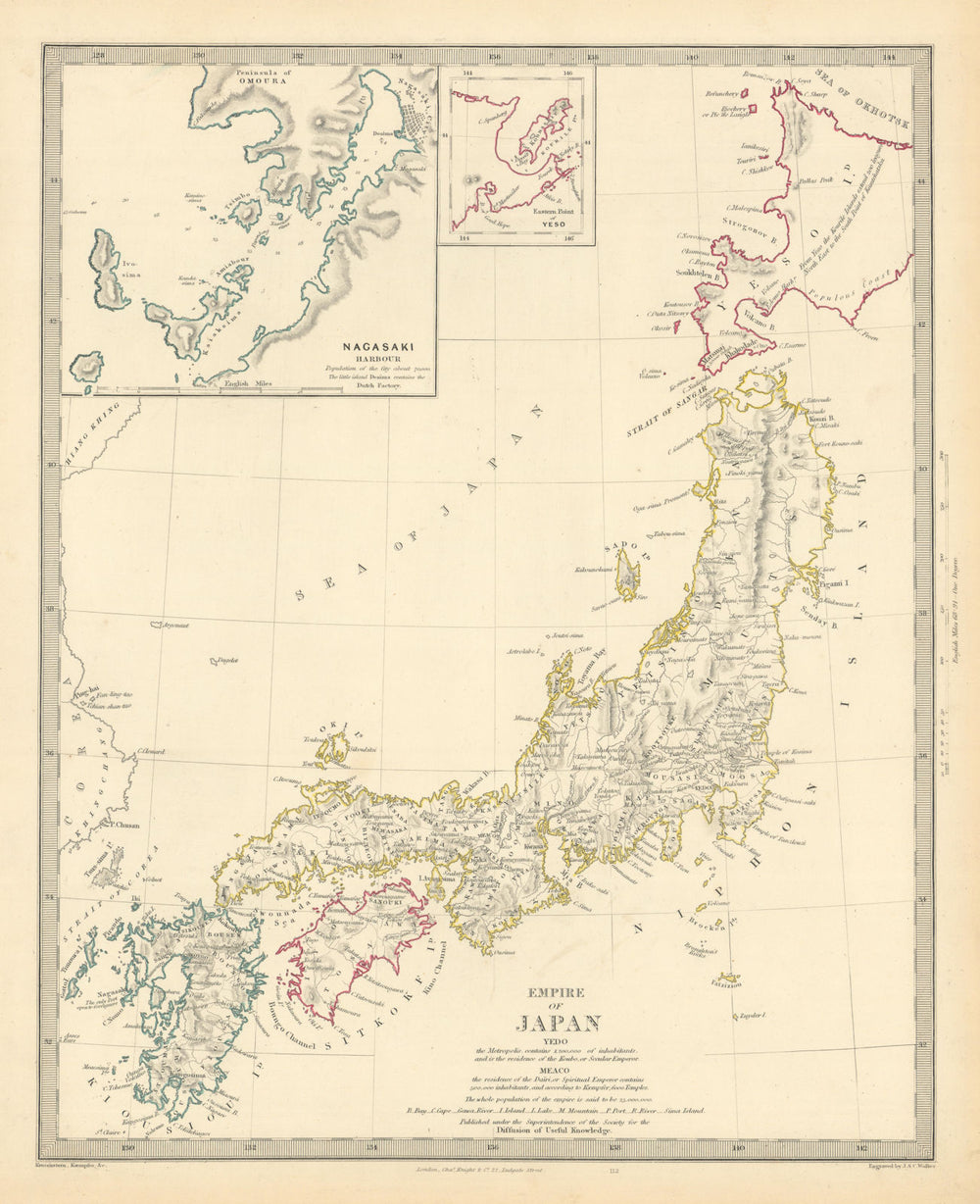 EMPIRE OF JAPAN. Inset Nagasaki Harbour; Yeso. Niphon Nippon. SDUK 1851 map