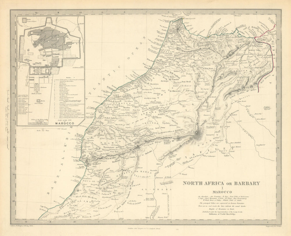 NORTH AFRICA OR BARBARY I. MAROCCO. Morocco. MARRAKECH city plan. SDUK 1851 map