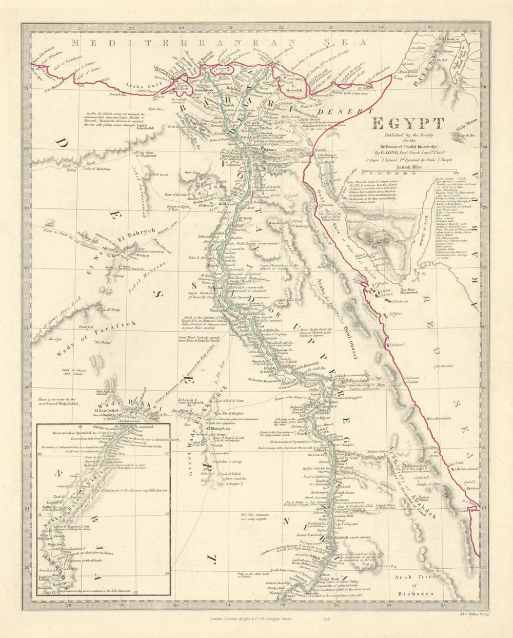 EGYPT. Nile valley. Ancient sites. Original outline colour. SDUK 1851 old map