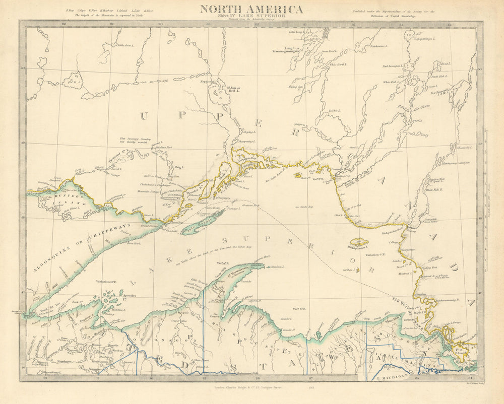 LAKE SUPERIOR. Canada USA Ontario Michigan. Fur trading posts. SDUK 1851 map