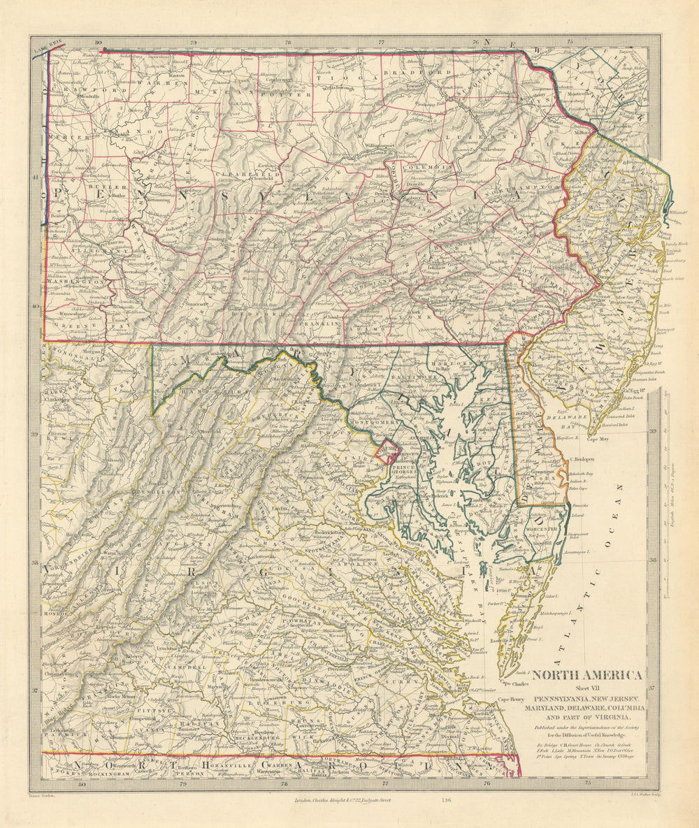 USA. Pennsylvania New Jersey Maryland Delaware DC Virginia. SDUK 1851 old map