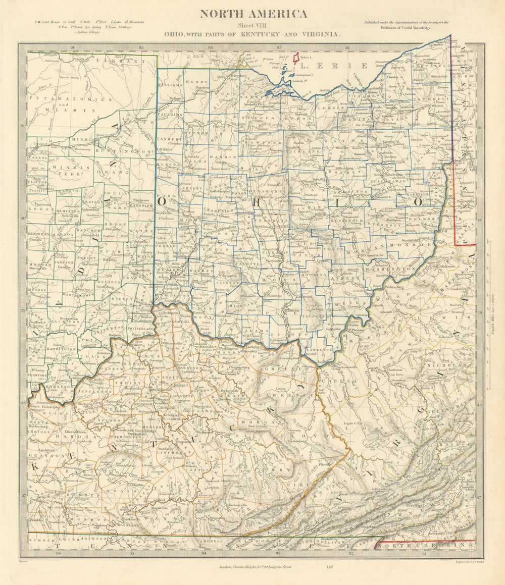 USA. Ohio with parts of Kentucky, Virginia & Indiana. Counties. SDUK 1851 map