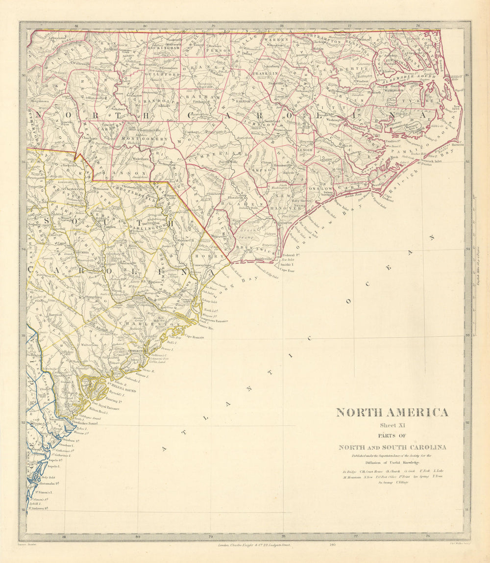 USA. Coastal North & South Carolina. Charleston. Cape Hatteras. SDUK 1851 map