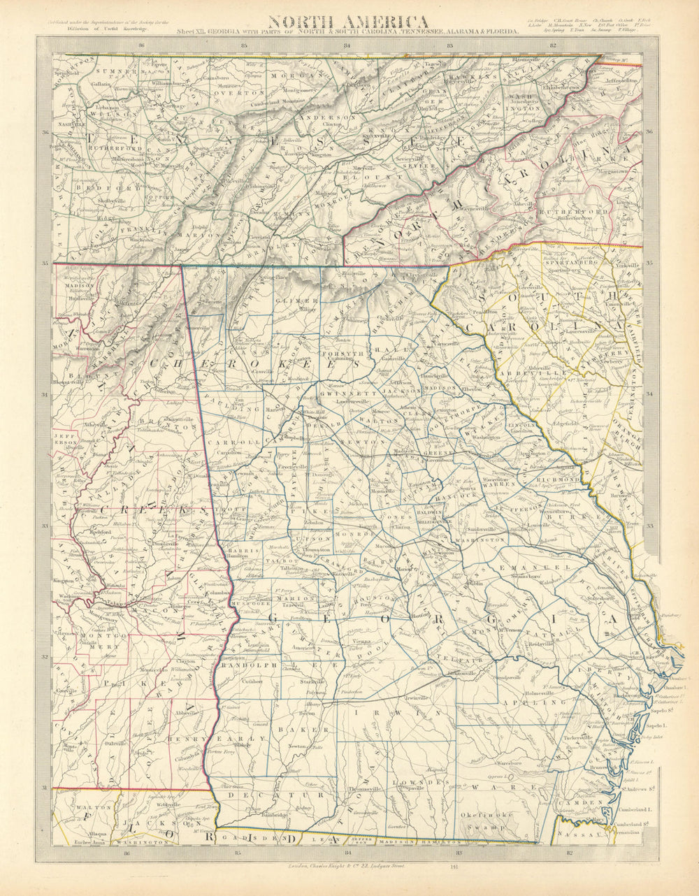 USA. Alabama Georgia Tennessee. Appalachian Mountains. SDUK 1851 old map