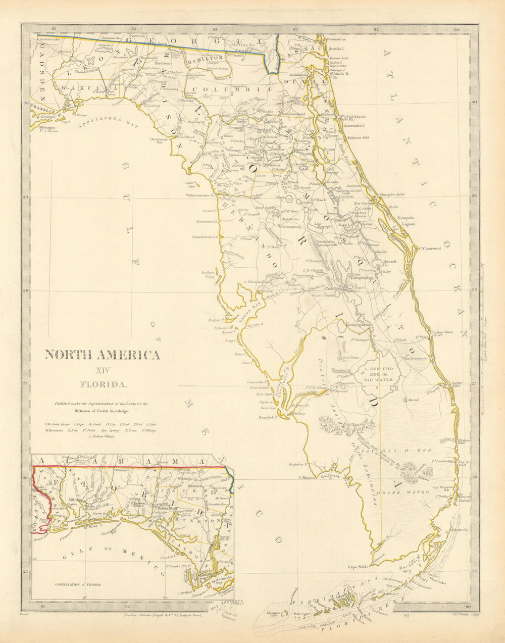 FLORIDA showing Seminole Indian district & forts. Keys. SDUK 1851 old map