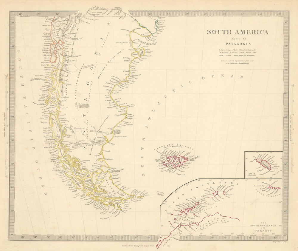 PATAGONIA. Argentina Chile Tierra del Fuego Falklands S Georgia. SDUK 1851 map