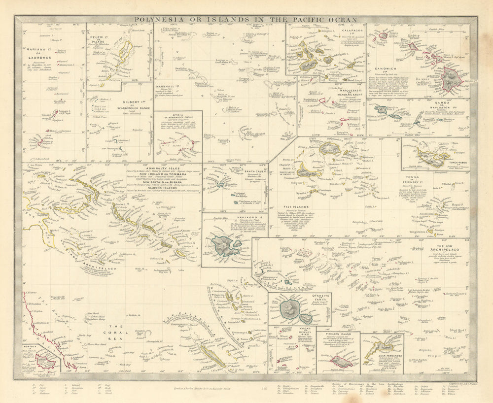 PACIFIC ISLANDS. Polynesia Hawaii Samoa Fiji Tonga Tahiti Cook. SDUK 1851 map