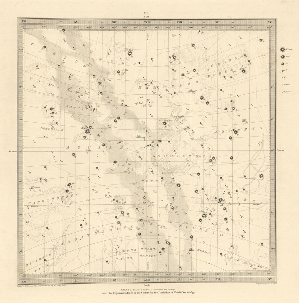 ASTRONOMY CELESTIAL. Star map. Star chart. IV. Winter Solstice. SDUK 1830