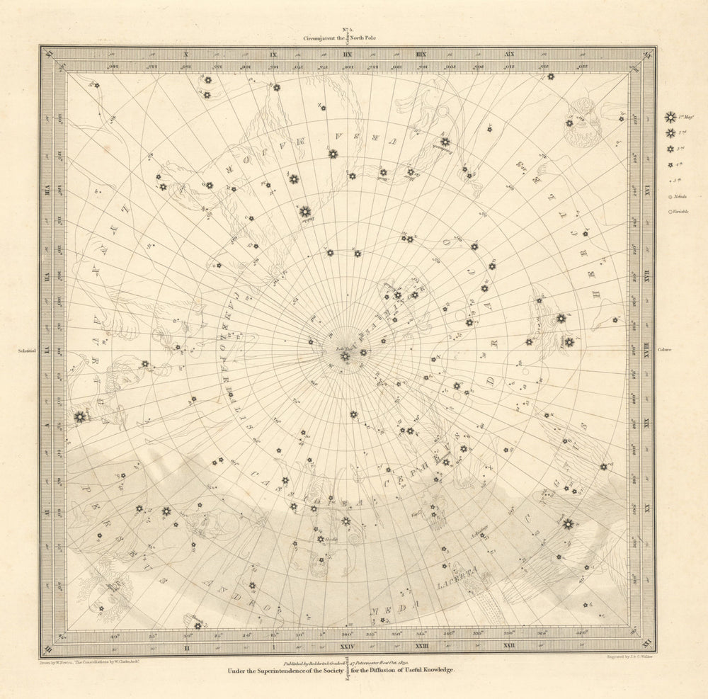 ASTRONOMY CELESTIAL. Star map. Star chart, V. North Pole. SDUK 1830 old