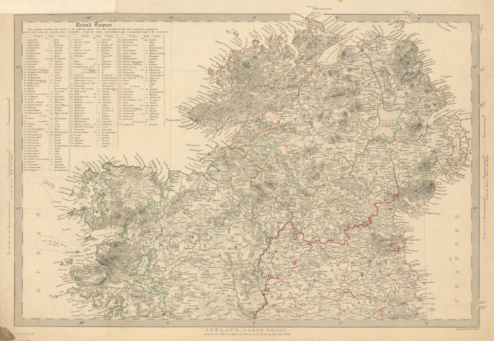 IRELAND.North Sheet.List of round towers Cloigtheach Cloigthithe.SDUK 1844 map
