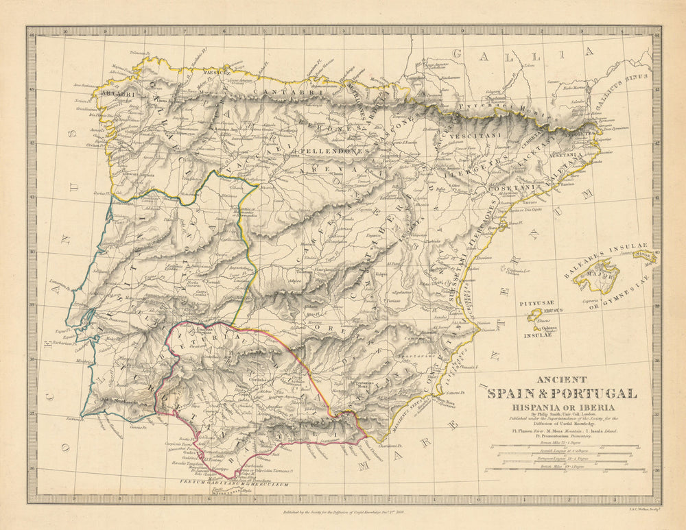 HISPANIA IBERIA. Ancient Spain & Portugal. Roman names & roads. SDUK 1848 map