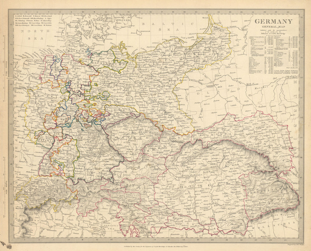 GERMANY. General Map. Hungary. Population table. SDUK 1844 old antique