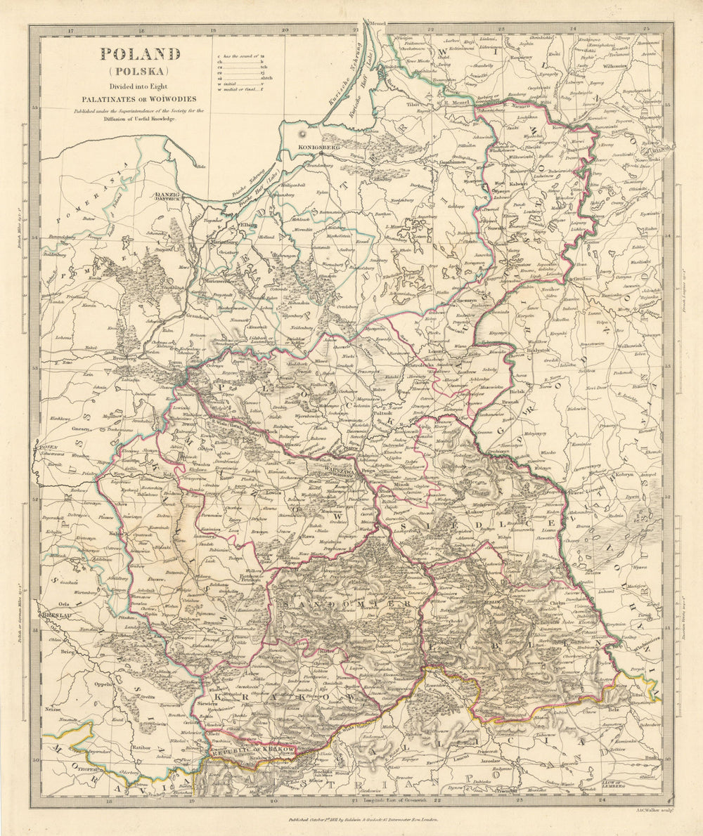 POLAND POLSKA. Palatinates Woiwodies.Mazow Krakow Plock Kalisz SDUK 1844 map