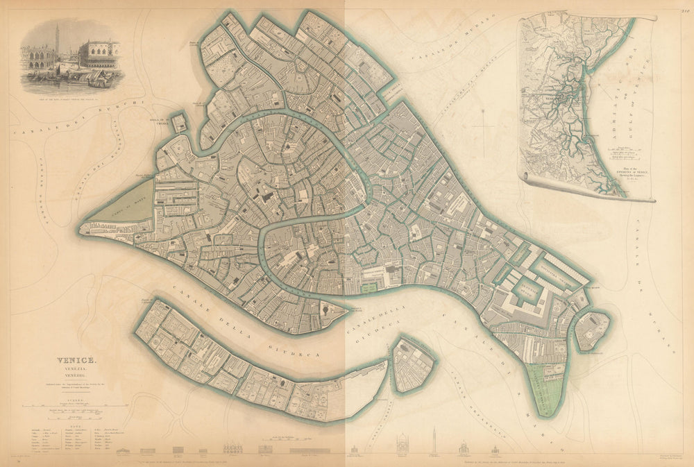 VENICE VENEZIA VENEDIG. Antique town city map plan. Environs. LARGE. SDUK 1844