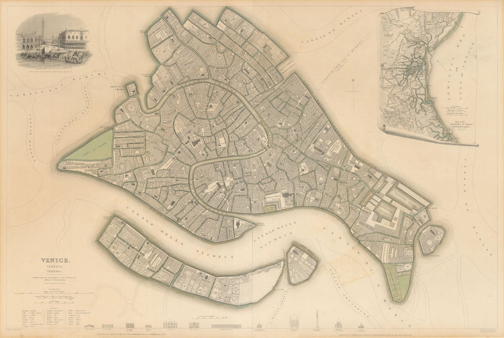VENICE VENEZIA VENEDIG. Antique town city map plan. Environs. LARGE. SDUK 1844
