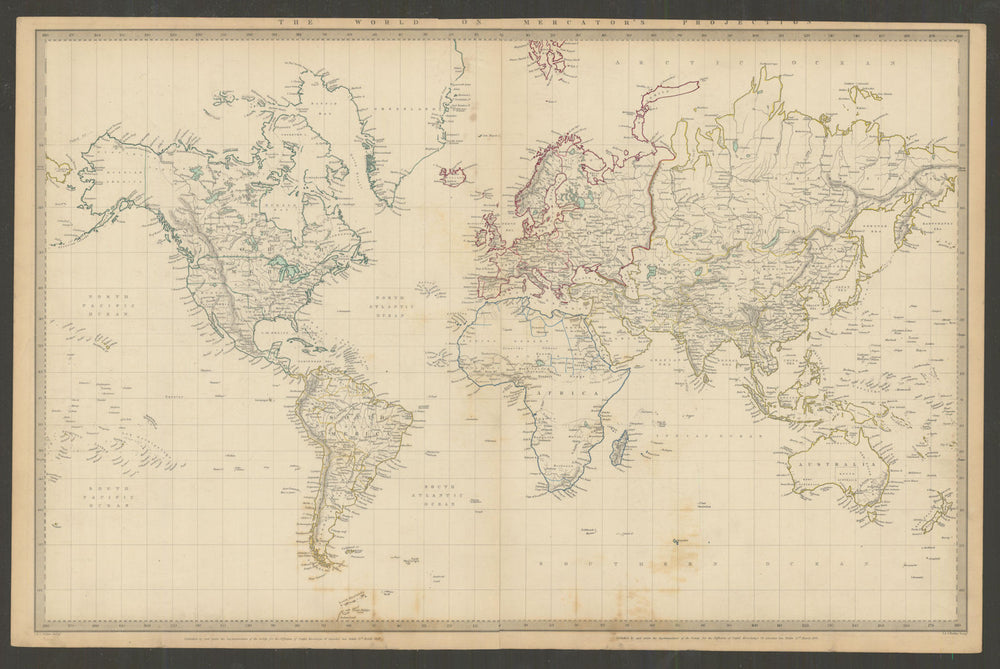 WORLD ON MERCATOR'S PROJECTION. Pre-Mexican-American war. SDUK 1844 old map
