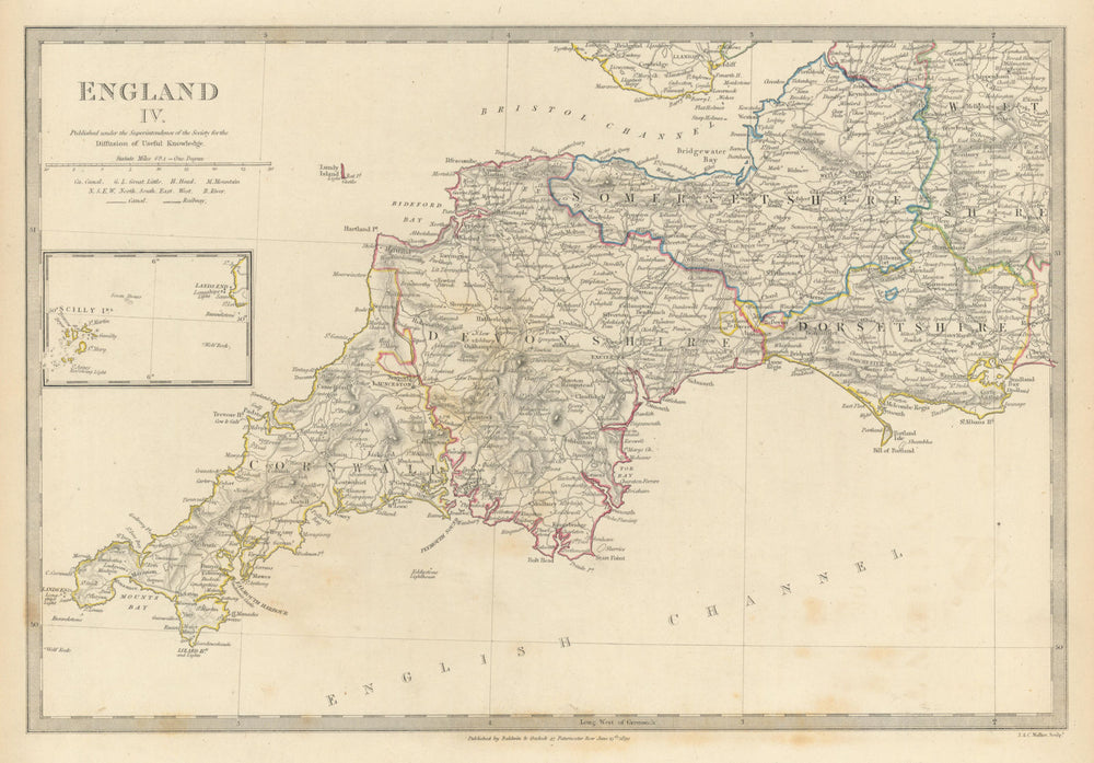 ENGLAND SOUTH WEST. Cornwall Devon Somerset Dorset Scilly Isles. SDUK 1844 map