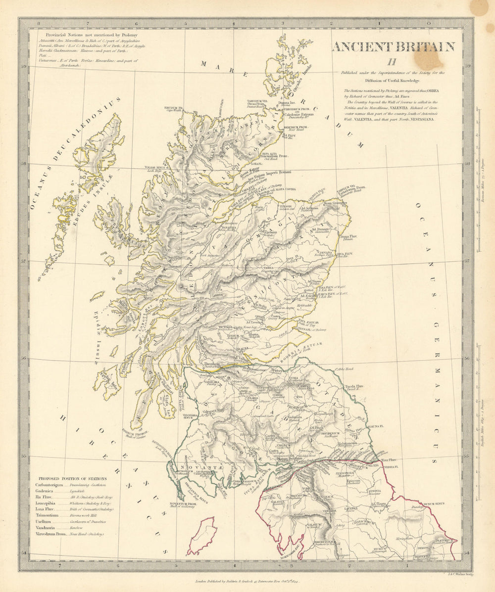 ANCIENT BRITAIN.Caledonia-Scotland.Roman road town names.Ptolemy.SDUK 1844 map