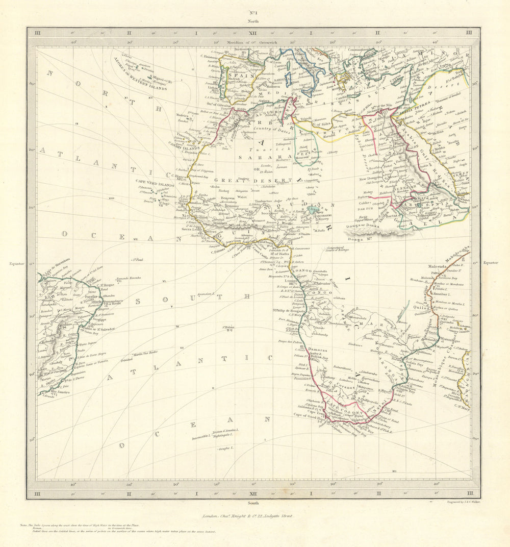 AFRICA South Europe Brazil Gnomonic Projection. Mountains of Kong. SDUK 1846 map