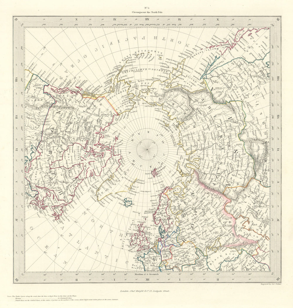 NORTH POLE ARCTIC. to 45˚ N Latitude. Alaska as Russian Territory. SDUK 1846 map