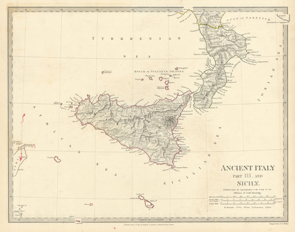 ANCIENT ITALY SOUTH Sicily Brutii Melita (Malta) Original colour SDUK 1844 map