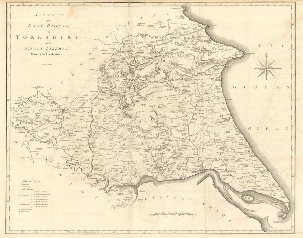 A map of the East Riding of Yorkshire with Ainsty Liberty by John CARY 1789