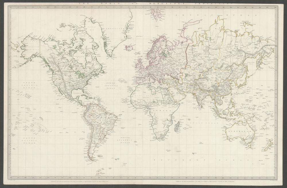 WORLD ON MERCATOR'S PROJECTION. Pre-Mexican-American war. SDUK 1844 old map