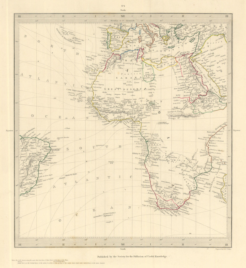 AFRICA.South Europe Brazil.Gnomonic Projection.Mountains of Kong.SDUK 1844 map