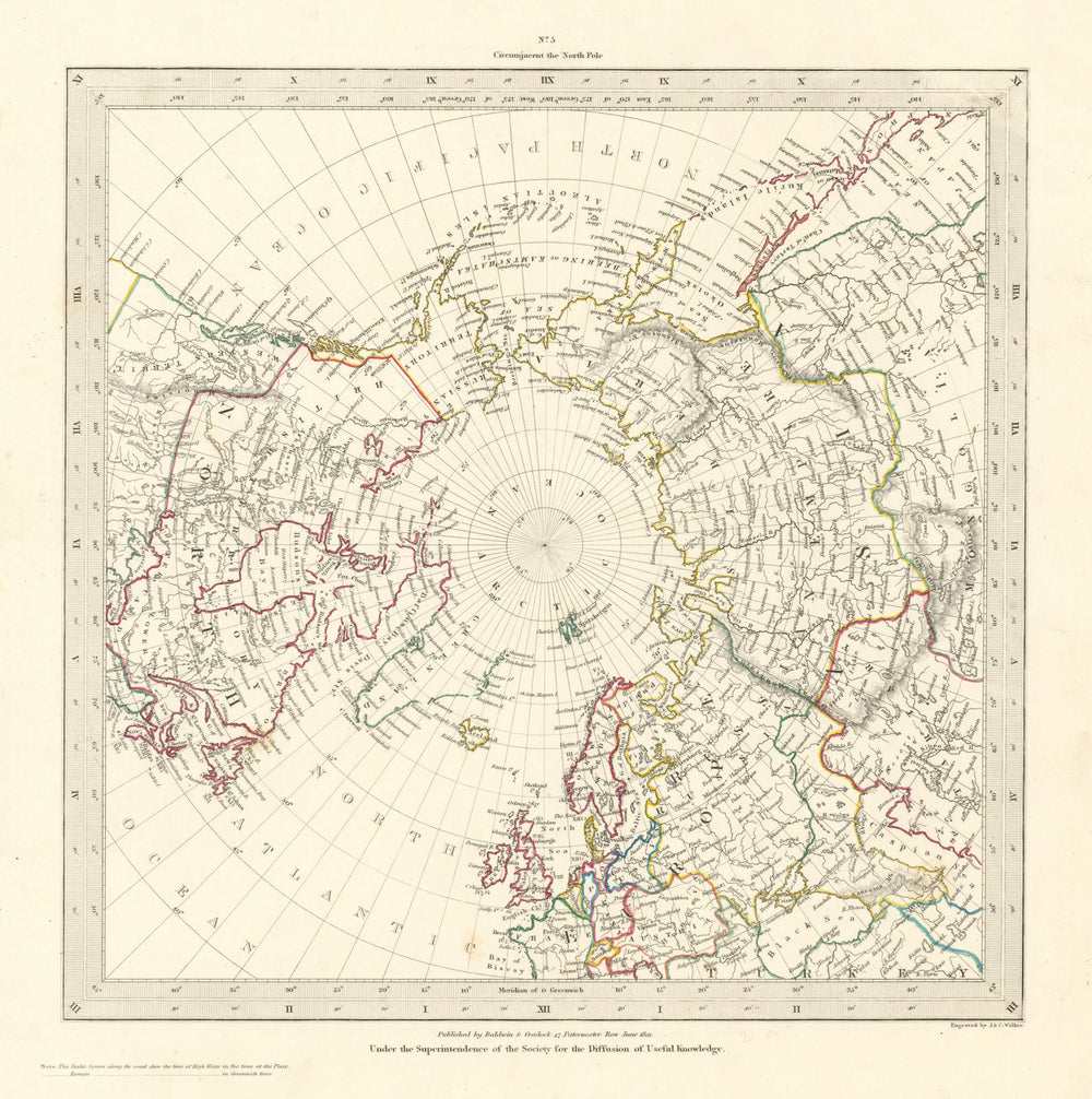NORTH POLE ARCTIC to 45˚ N Latitude.Alaska as Russian Territory.SDUK 1844 map