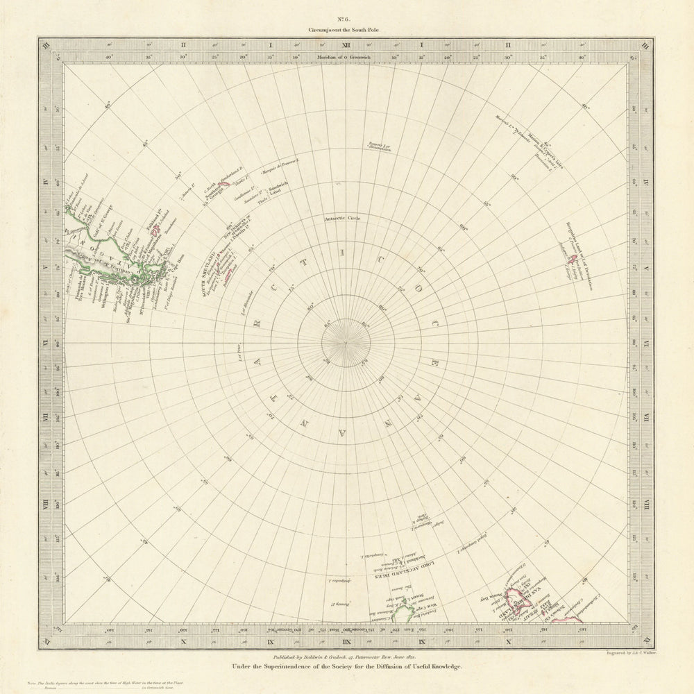 SOUTH POLE ANTARCTIC. Gnomonic Projection. To 45˚ S Latitude. SDUK 1844 map