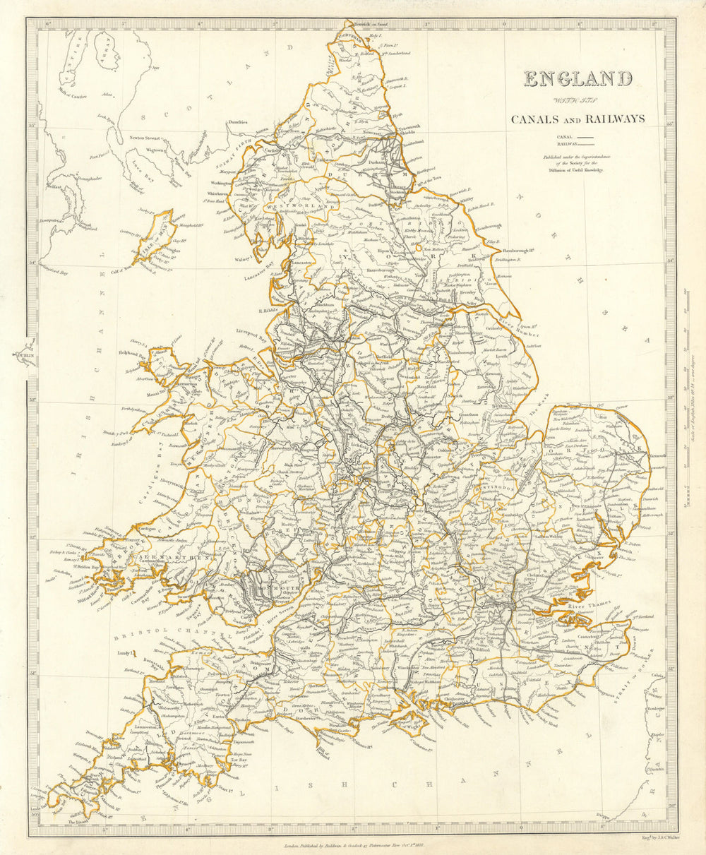 ENGLAND AND WALES. Canals and Railways. SDUK 1844 old antique map plan chart