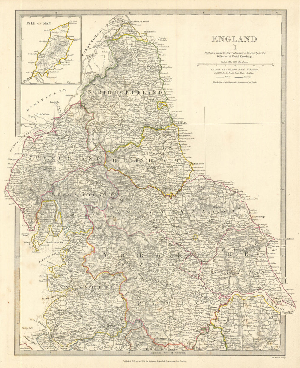 ENGLAND NORTH.Yorkshire Cumbs Lancs Durham Northumbs;Isle of Man.SDUK 1844 map