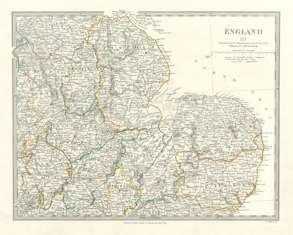 ENGLAND EAST. Norfolk Suffolk Cambs Lincs Leics Derbys Notts. SDUK 1844 map