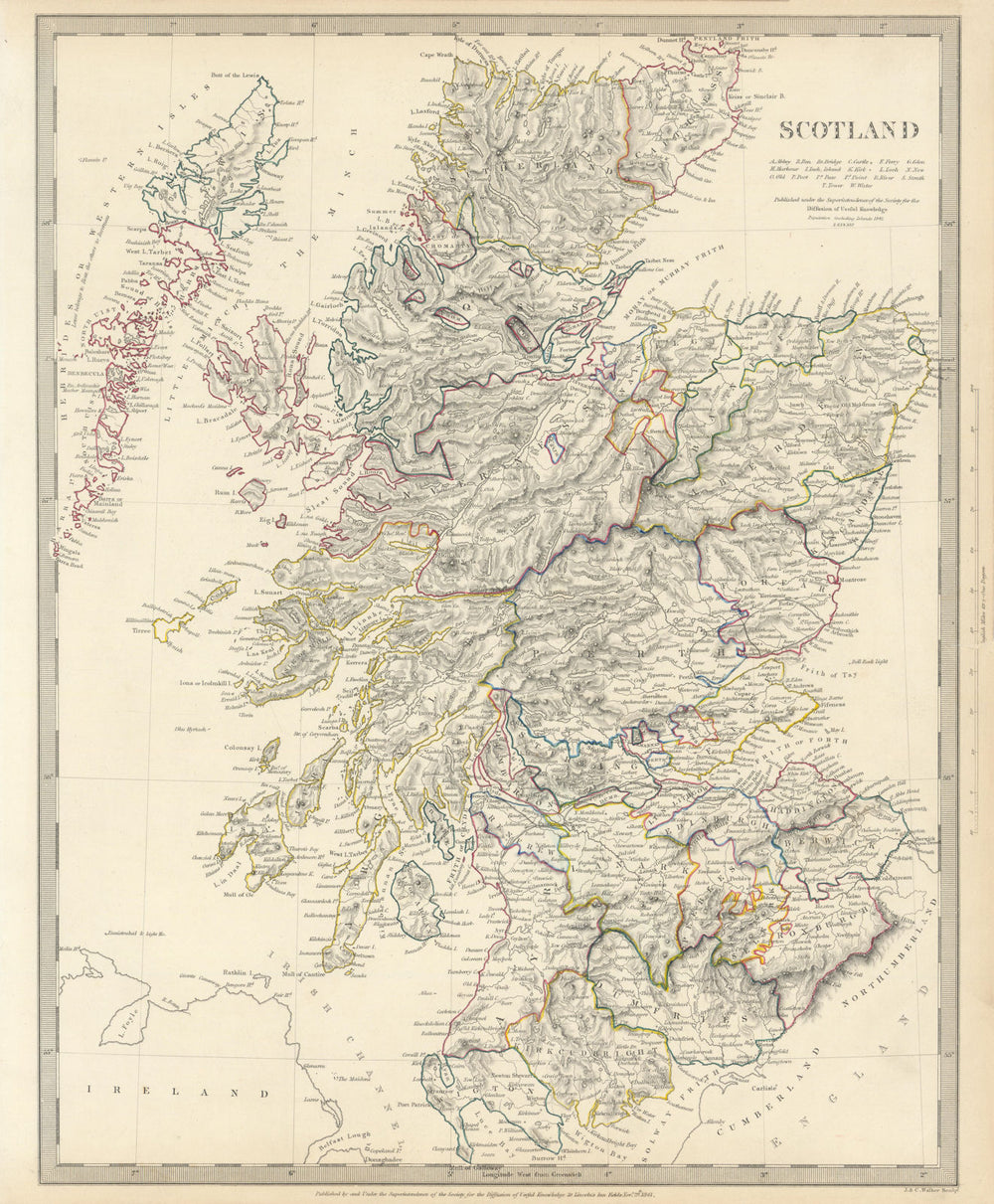SCOTLAND. General map showing castles & kirks. SDUK 1844 old antique chart
