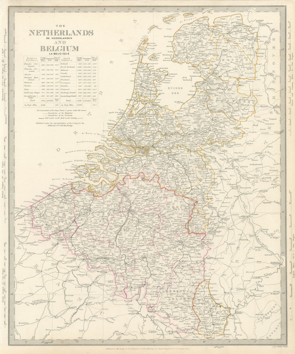 NETHERLANDS & BELGIUM w/ railways in use & under construction. SDUK 1844 map