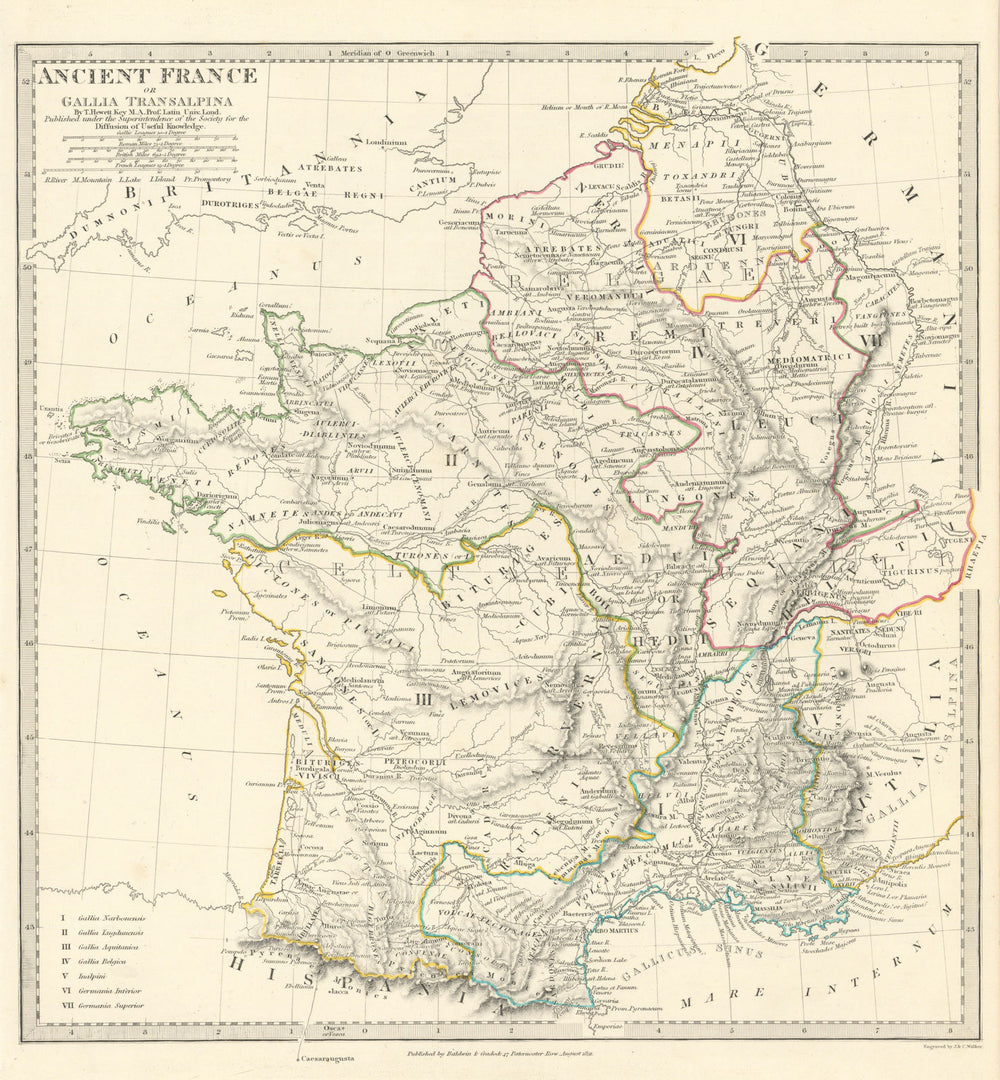 ANCIENT ROMAN FRANCE GAUL. Gallia Transalpina. Roman names roads.SDUK 1844 map